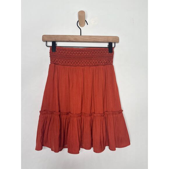 Boden Smocked Tiered Ruffle Mini Skirt Size 2 Burnt Orange Red Fall Boho - Picture 7 of 8
